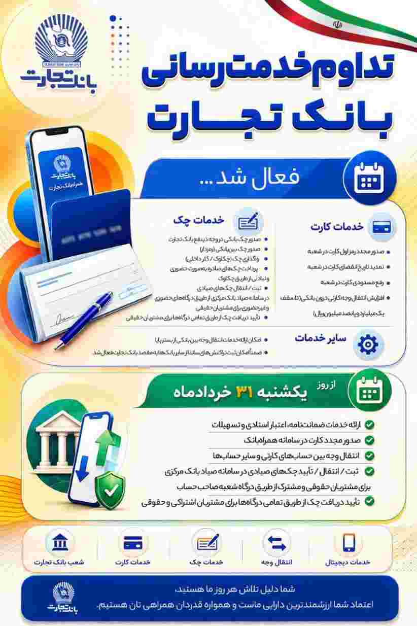 خدمات کلیدی بانک تجارت فعال شد