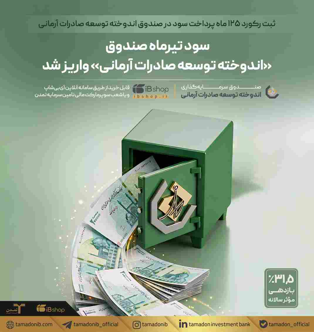 سود تیرماه صندوق «اندوخته توسعه صادرات آرمانی» واریز شد / ثبت رکورد ۱۲۵ ماه پرداخت سود در صندوق اندوخته توسعه صادرات آرمانی